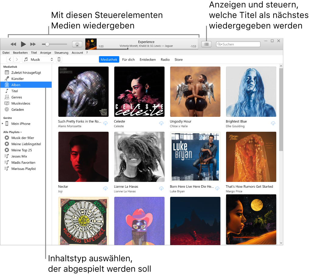 Das Hauptfenster der iTunes-Mediathek: Wähle im Navigationsbereich die Art der Medien aus, die du abspielen willst (z. B. Musik). Verwende die Steuerelemente im Banner oben, um deine Medien abzuspielen, und das Popupmenü „Als Nächstes“ rechts, um die Mediathek auf andere Weise anzuzeigen.