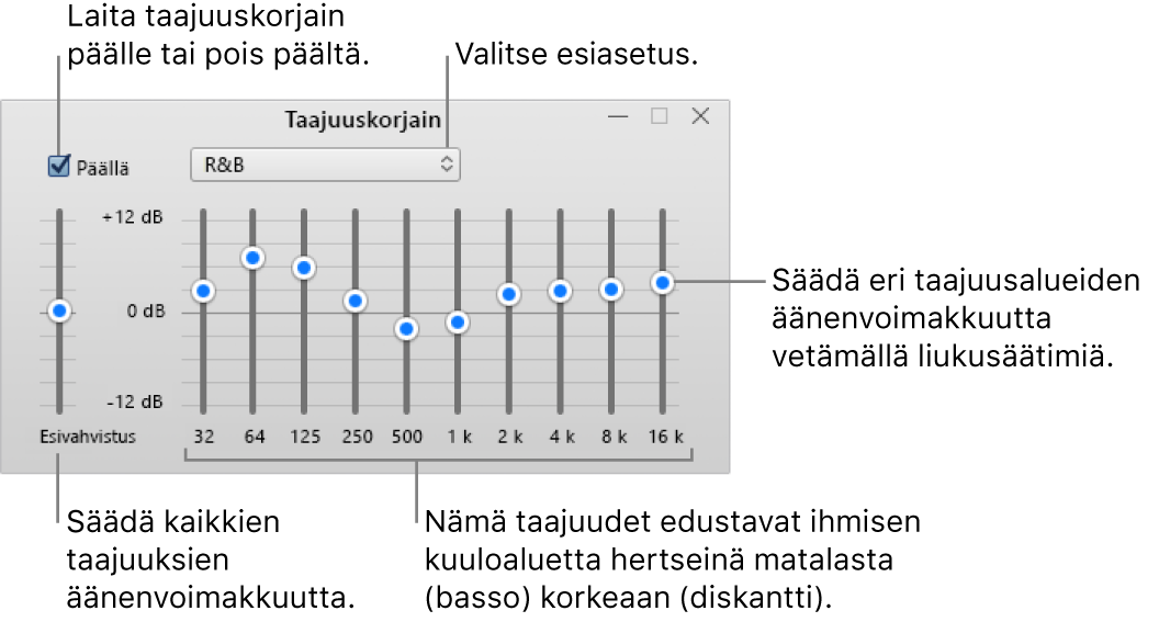 Taajuuskorjain-ikkuna: Valintaruutu, jolla iTunes-taajuuskorjain kytketään päälle, sijaitsee vasemmassa yläkulmassa. Taajuuskorjaimen esiasetukset ovat viereisessä ponnahdusvalikossa. Vasemman laidan esivahvistuksella voi säätää taajuuksien kokonaisäänenvoimakkuutta. Taajuuskorjaimen esiasetusten alla voi säätää eri taajuusalueiden äänenvoimakkuutta; taajuusalueet edustavat ihmisen kuulon taajuuksia matalimmasta korkeimpaan.