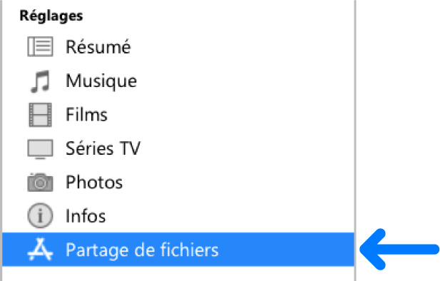 Dans les réglages de l’appareil, cliquez sur « Partage de fichier » pour transférer des fichiers entre votre ordinateur et votre appareil.