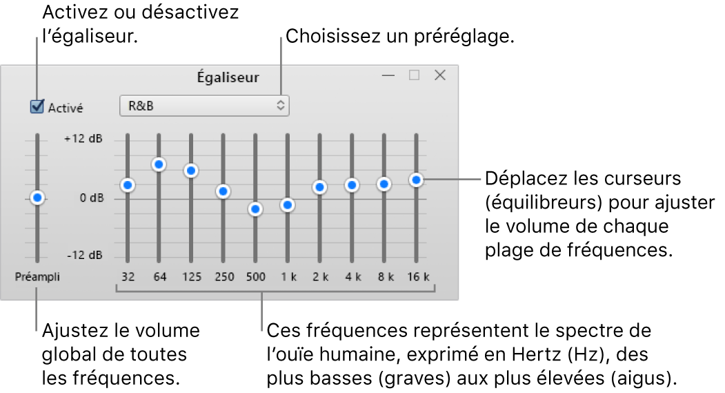 La fenêtre Égaliseur : La case pour activer l’égaliseur iTunes se trouve dans le coin supérieur gauche. Le menu local avec les préréglages de l’égaliseur est situé à côté. À l’extrémité gauche, réglez le volume global des fréquences avec le préampli. Sous les préréglages de l’égaliseur, réglez le niveau sonore des différentes plages de fréquences qui représentent le spectre auditif humain, des plus basses aux plus élevées.