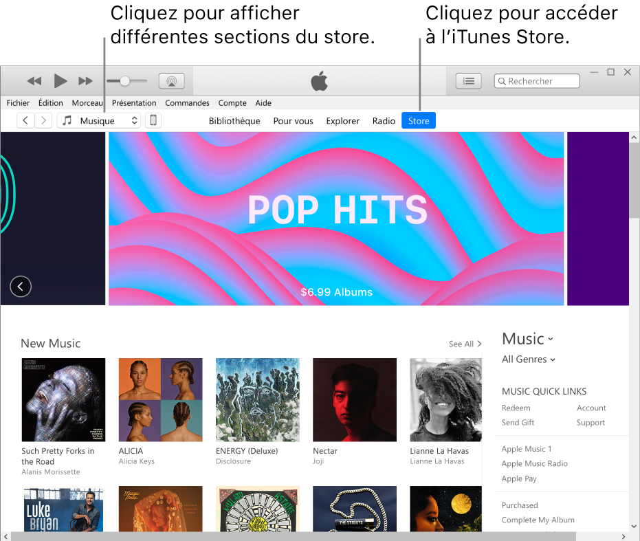 La fenêtre principale de l’iTunes Store : Dans la barre de navigation, Store est surligné. Dans le coin supérieur gauche, choisissez de voir différents contenus dans l’iTunes Store (par exemple Musique ou TV).