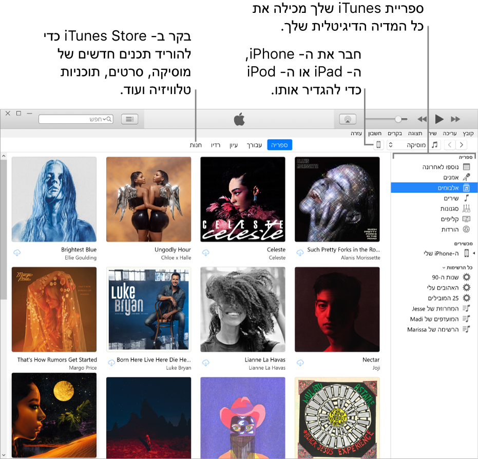 התצוגה של חלון iTunes: חלון iTunes כולל שתי חלוניות. משמאל מופיע סרגל הצד ״ספריה״, שמכיל את כל המדיה הדיגיטלית שלך. מימין, באזור התוכן הגדול יותר, ניתן לראות פריט נבחר שמעניין אותך – לדוגמה, לבקר בספרייה או בדף ״עבורך״, לעיין במוסיקה וסרטים חדשים מ‑iTunes, או לבקר ב‑iTunes Store כדי להוריד מוסיקה חדשה, סרטים ותוכניות טלוויזיה חדשים, ספרי שמע ועוד. בפינה הימנית העליונה של סרגל הצד ״ספריה״ מופיע הלחצן ״מכשיר״, שמראה את המכשיר שמחובר ל‑PC – iPhone, iPad או iPod.