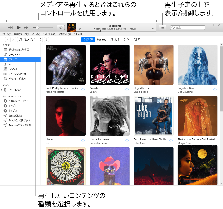 iTunesライブラリのメインウインドウ: ナビゲータで、再生するメディアの種類(「ミュージック」など)を選択します。メディアを再生するには、上部のバナーにあるコントロールを使用します。ライブラリを表示する方法を変更するには、「次はこちら」ポップアップメニューを使用します。