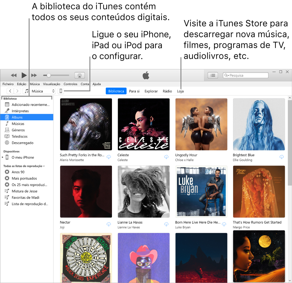 Vista da janela do iTunes: a janela do iTunes apresenta dois painéis. À esquerda encontra-se a barra lateral Biblioteca, que inclui todo o conteúdo multimédia. À direita, na área de conteúdo, está uma seleção de conteúdo que lhe pode interessar — por exemplo, pode visitar a sua biblioteca ou a página Para si, explorar as músicas e vídeos novos disponíveis no iTunes ou visitar a iTunes Store para descarregar conteúdo novo, como música, filmes, programas de TV, audiolivros, e muito mais. Na parte superior direita da barra lateral Biblioteca existe o botão Dispositivo, que mostra que o seu iPhone, iPad ou iPod está ligado ao PC.