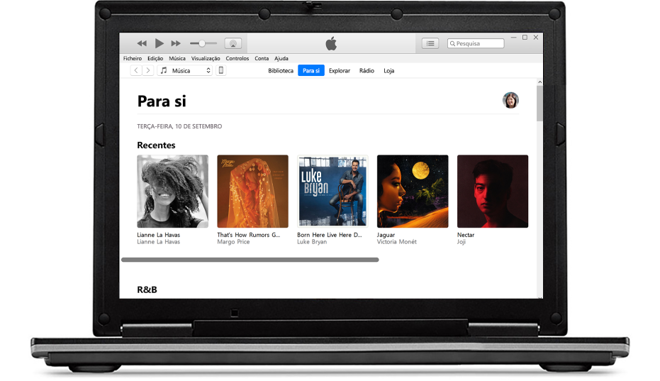 Um PC e um iPhone com Apple Music para si.