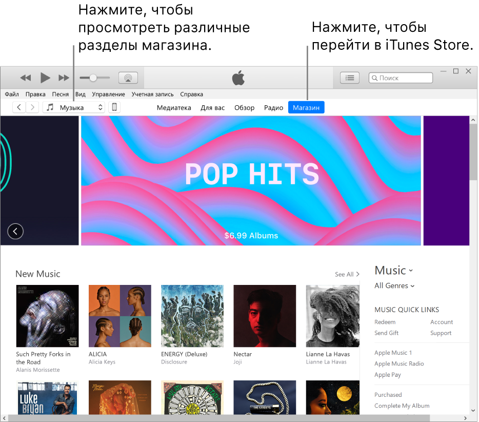 Главное окно iTunes Store. В панели навигации выделена надпись «Магазин». В левом верхнем углу можно выбрать разные типы просматриваемого в магазине контента (например, музыку или телешоу).