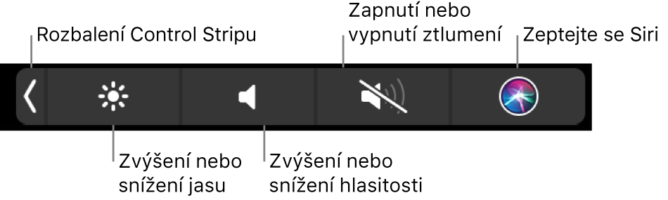 Sbalený Control Strip s tlačítky (zleva doprava) pro rozbalení ovládacího pásu, zvýšení nebo snížení jasu monitoru a hlasitosti, vypnutí nebo zapnutí zvuku a komunikaci se Siri