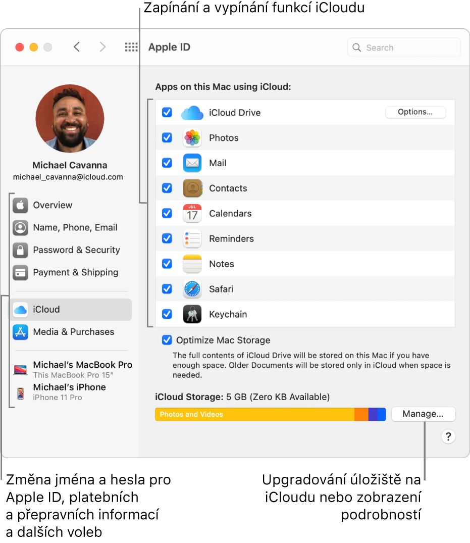 Okno předvoleb iCloud, v němž jsou všechny funkce vybrané