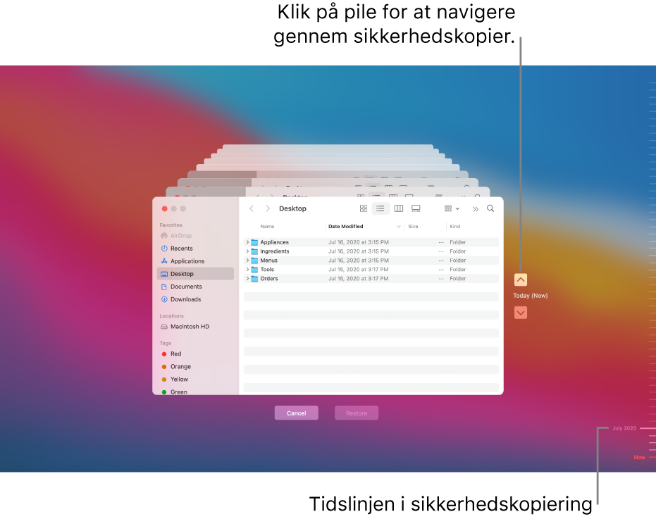 Når du åbner Time Machine, vises en uskarp skærm med flere Finder-skærme efter hinanden, der repræsenterer sikkerhedskopier. Klik på pilene for at navigere gennem dine sikkerhedskopier (eller klik på tidslinjen med sikkerhedskopier til højre), og vælg de arkiver, du vil gendanne.