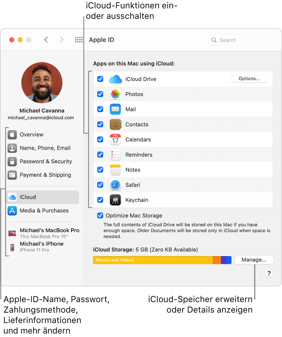 Systemeinstellung „iCloud“, bei der alle Funktionen aktiviert sind