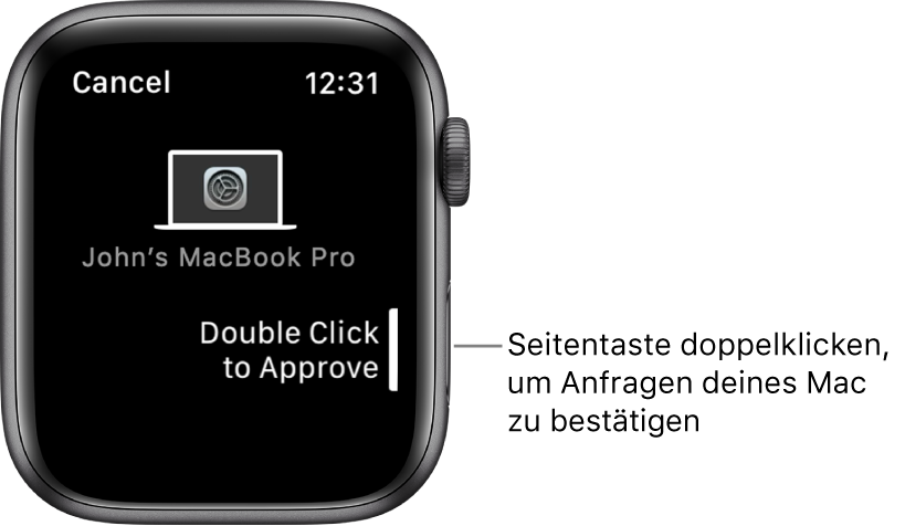 Die Apple Watch zeigt eine Bestätigungsanfrage von einem MacBook Pro an.