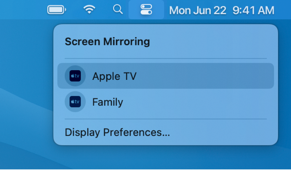 Screen mirroring options, including Apple TV, listed in Control Center.
