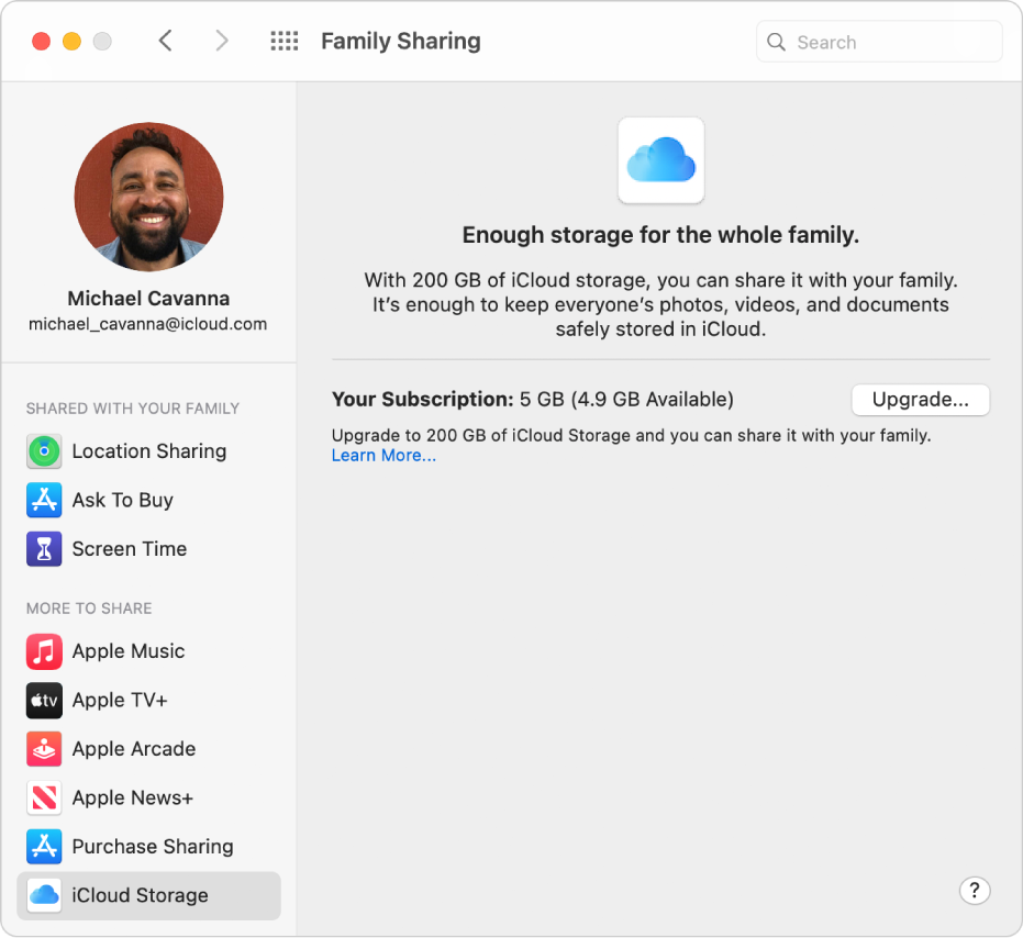 Family Sharing preferences showing a sidebar of different types of account options you can use and the iCloud Storage preferences for an existing account.
