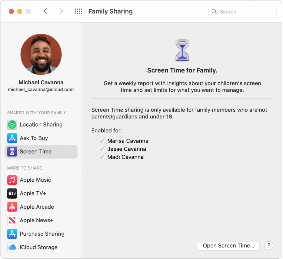 Family Sharing preferences showing a sidebar of different types of account options you can use and the Screen Time preferences for an existing account.