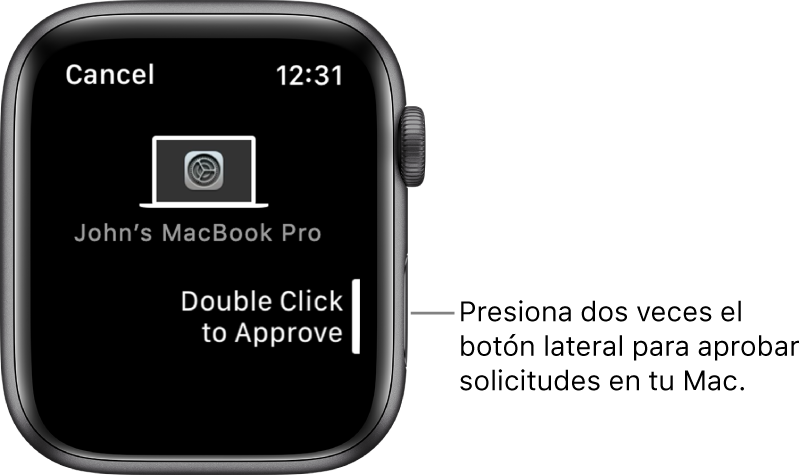 Apple Watch mostrando una solicitud de aprobación de una MacBook Pro.