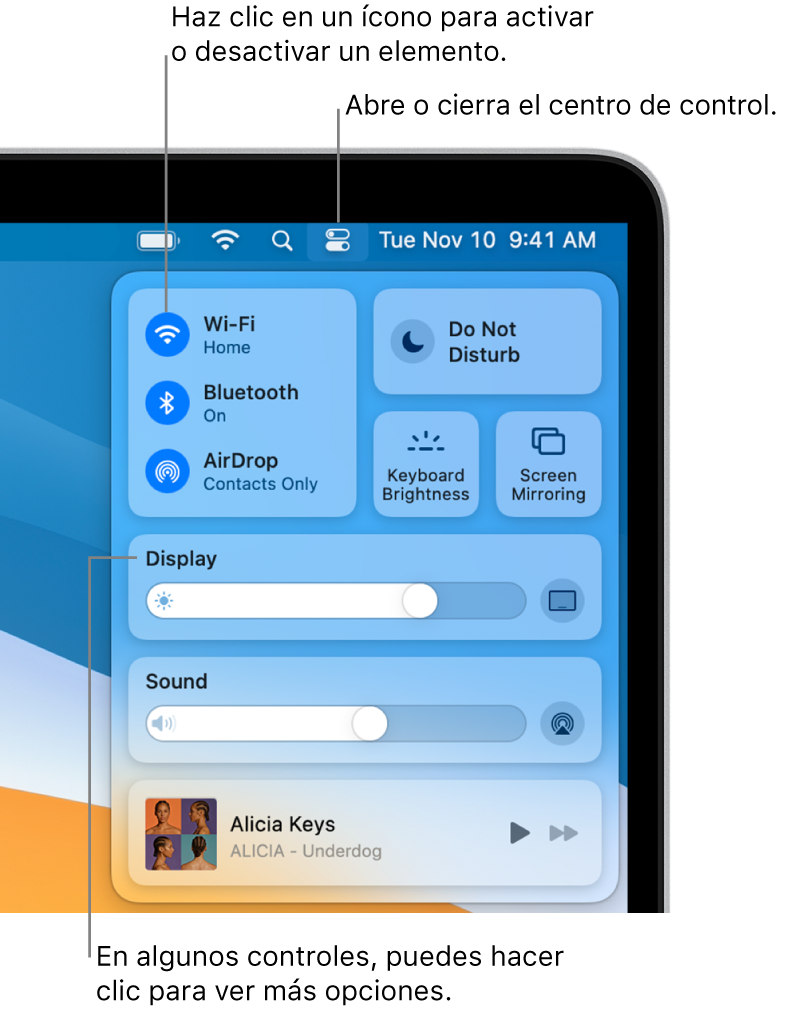El centro de control está en la porción superior derecha de la pantalla, y muestra los controles de Wi-Fi, No molestar, Sonido y Ahora suena, entre otros.