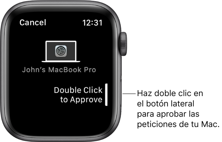 Apple Watch con una solicitud de aprobación de un MacBook Pro.