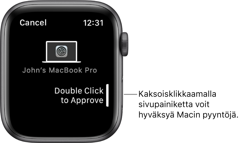 Apple Watch, jossa näkyy hyväksyntäpyyntö MacBook Prosta.