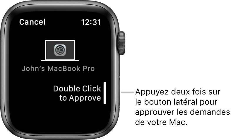 Apple Watch qui affiche une demande d’autorisation en provenance d’un MacBook Pro.