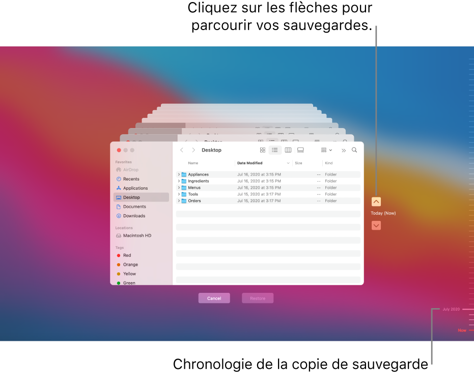 Lorsque vous ouvrez Time Machine, un écran flou s’affiche avec plusieurs écrans du Finder empilés pour représenter les sauvegardes. Cliquez sur les flèches pour parcourir vos sauvegardes (ou cliquez dans la chronologie de sauvegarde située à droite) et choisissez les fichiers à restaurer.