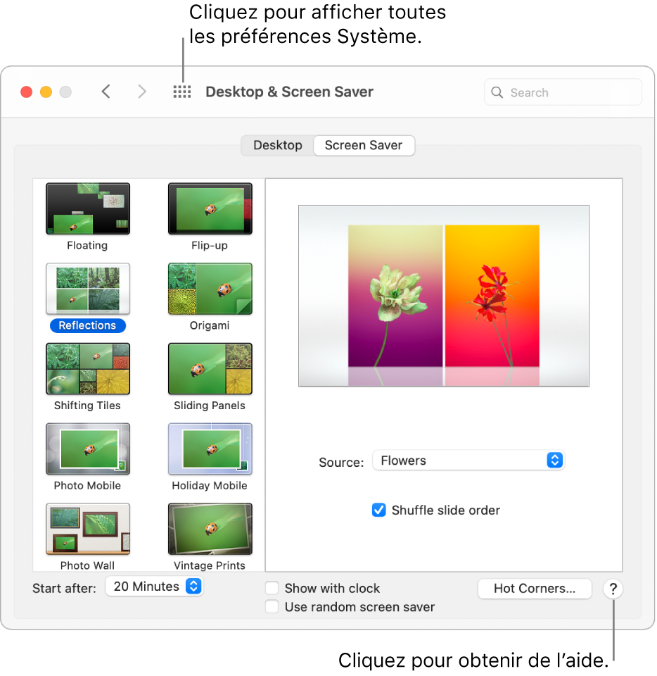 Cliquez sur le bouton « Tout afficher » de la barre d’outils de la fenêtre Préférences Système pour consulter toutes les icônes de préférences. Cliquez sur le bouton Aide situé en bas à droite d’une sous-fenêtre de préférences pour en savoir plus sur celle-ci.