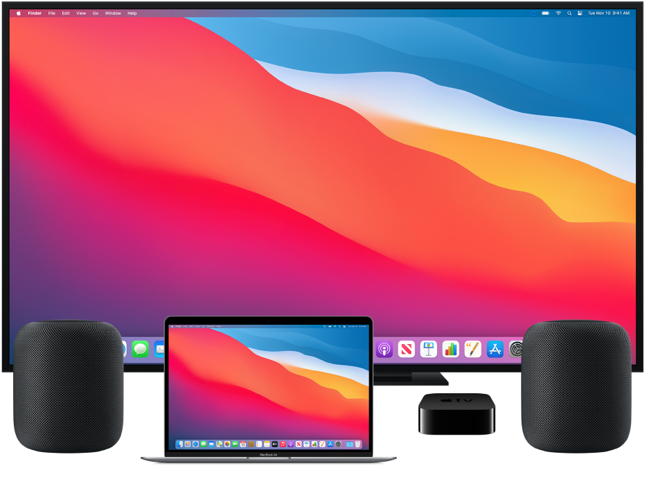 Un ordinateur Mac et les autres appareils auxquels il peut diffuser du contenu via AirPlay, par exemple, une Apple TV, deux haut-parleurs HomePod et un téléviseur intelligent.
