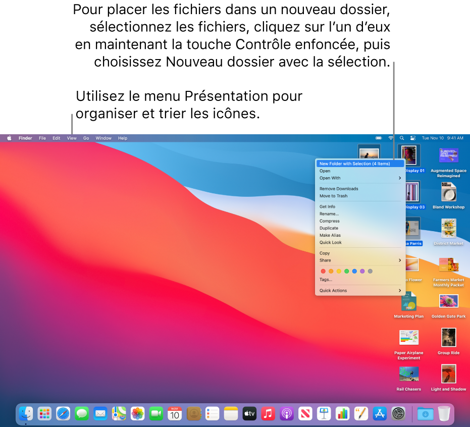 Un bureau avec des fichiers et des dossiers. Plusieurs fichiers ont été sélectionnés afin de les placer dans un nouveau dossier. Un menu local s’affiche après avoir cliqué sur un fichier sélectionné tout en maintenant la touche Contrôle enfoncée, et l’option « Nouveau dossier avec la sélection » est sélectionnée.