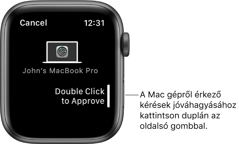 Egy Apple Watch, amelyen egy MacBook Pro által küldött elfogadási kérelem látható.
