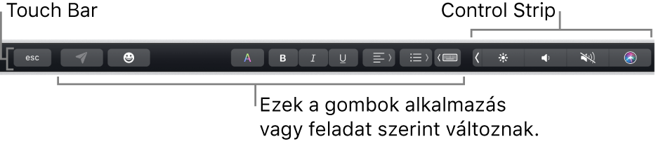 A billentyűzet tetején lévő Touch Bar, bal oldalán az adott alkalmazástól vagy feladattól függő gombokkal, jobb oldalán pedig az összecsukott Control Strippel.