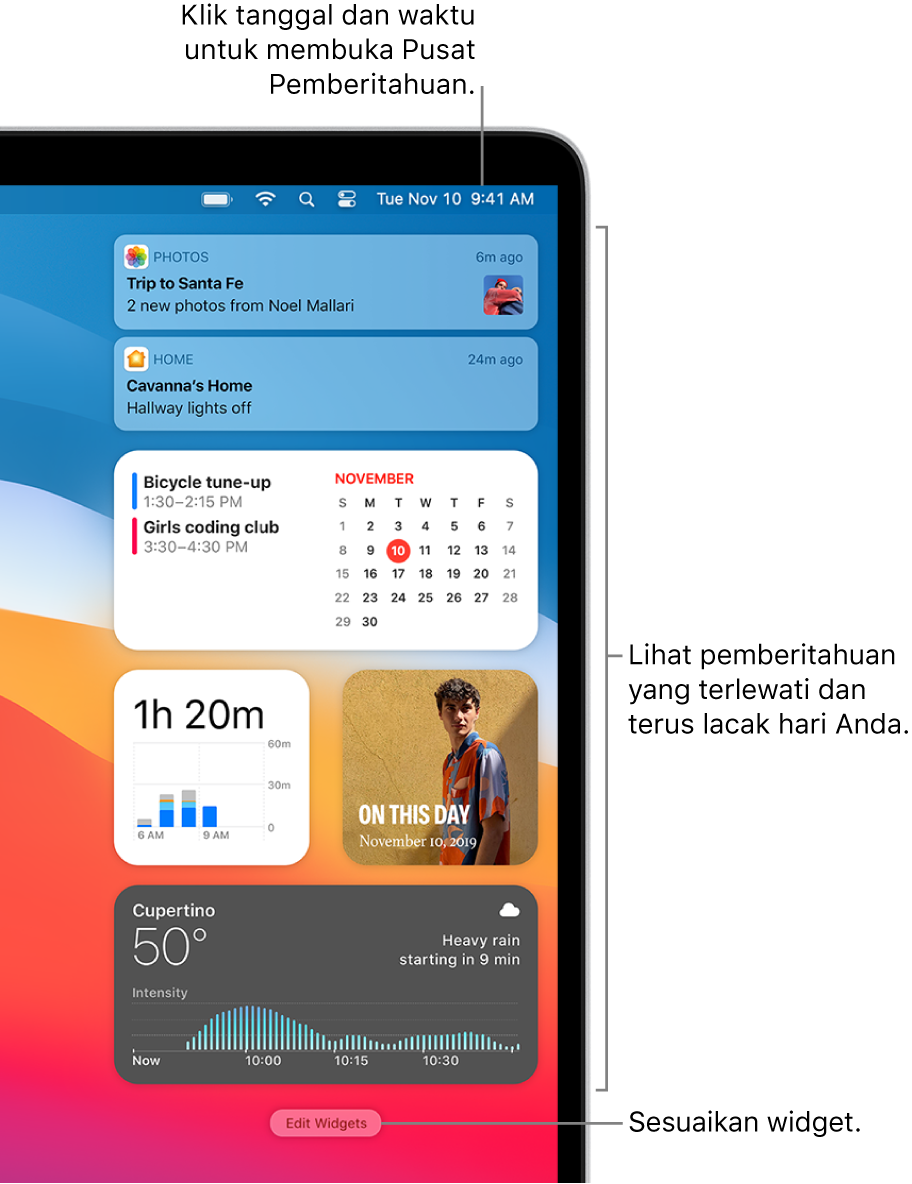 Pemberitahuan dan widget di Pusat Pemberitahuan.