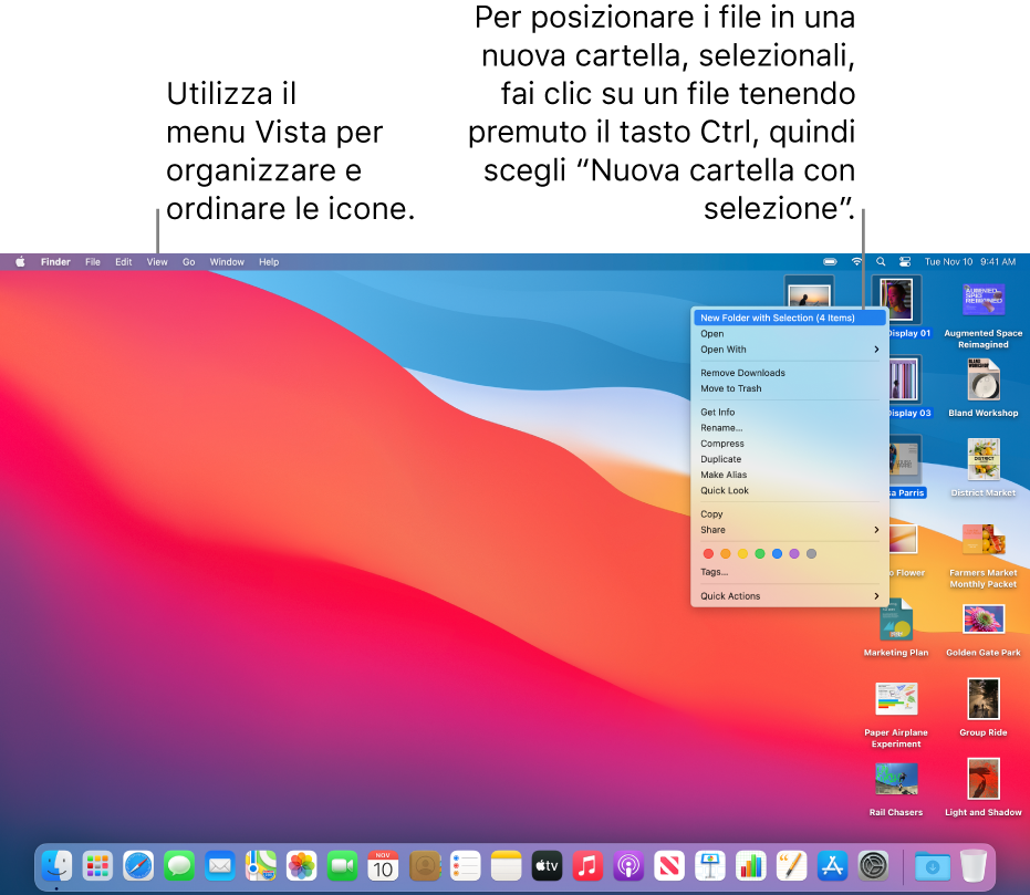 Una scrivania che mostra file e cartelle. Vengono selezionati diversi file da posizionare in una nuova cartella. Viene effettuato clic tenendo premuto il tasto Ctrl su un file selezionato che mostra una finestra a comparsa e viene selezionato “Nuova cartella con selezione”.