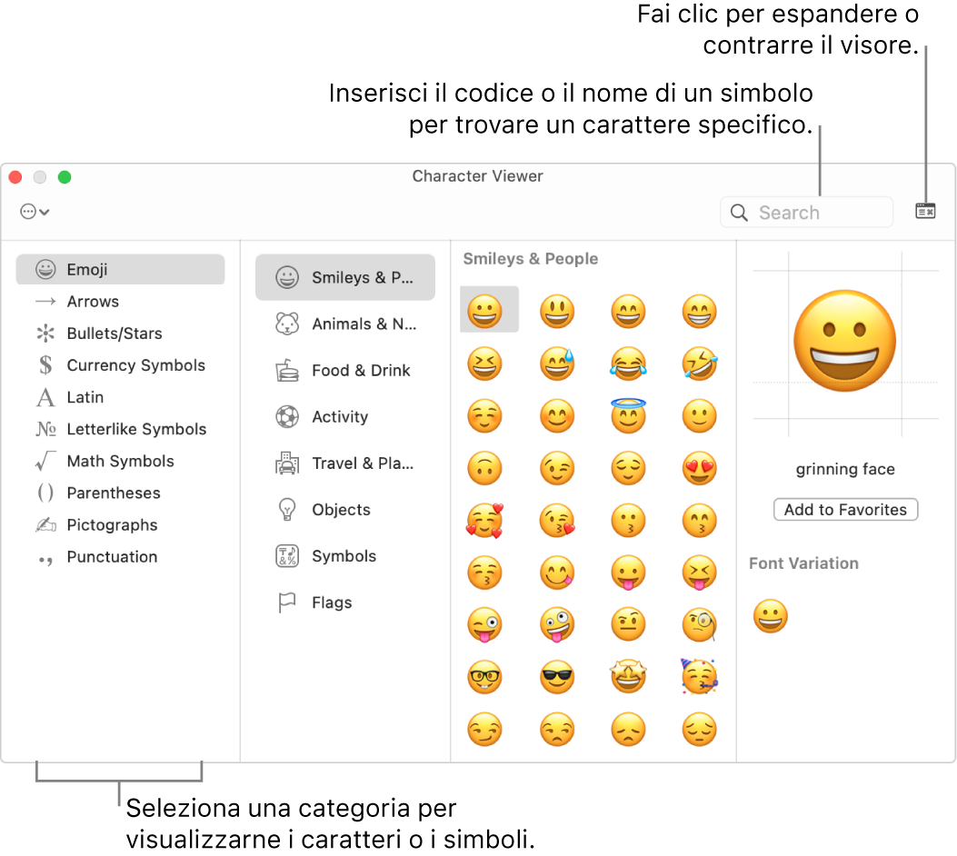 La finestra di Visore caratteri. Seleziona una categoria a sinistra per sfogliare i caratteri o i simboli. Nel campo di ricerca, inserisci il nome o il codice di un simbolo per trovare un carattere specifico. Nell'angolo superiore destro, fai clic per espandere o comprimere il visore.