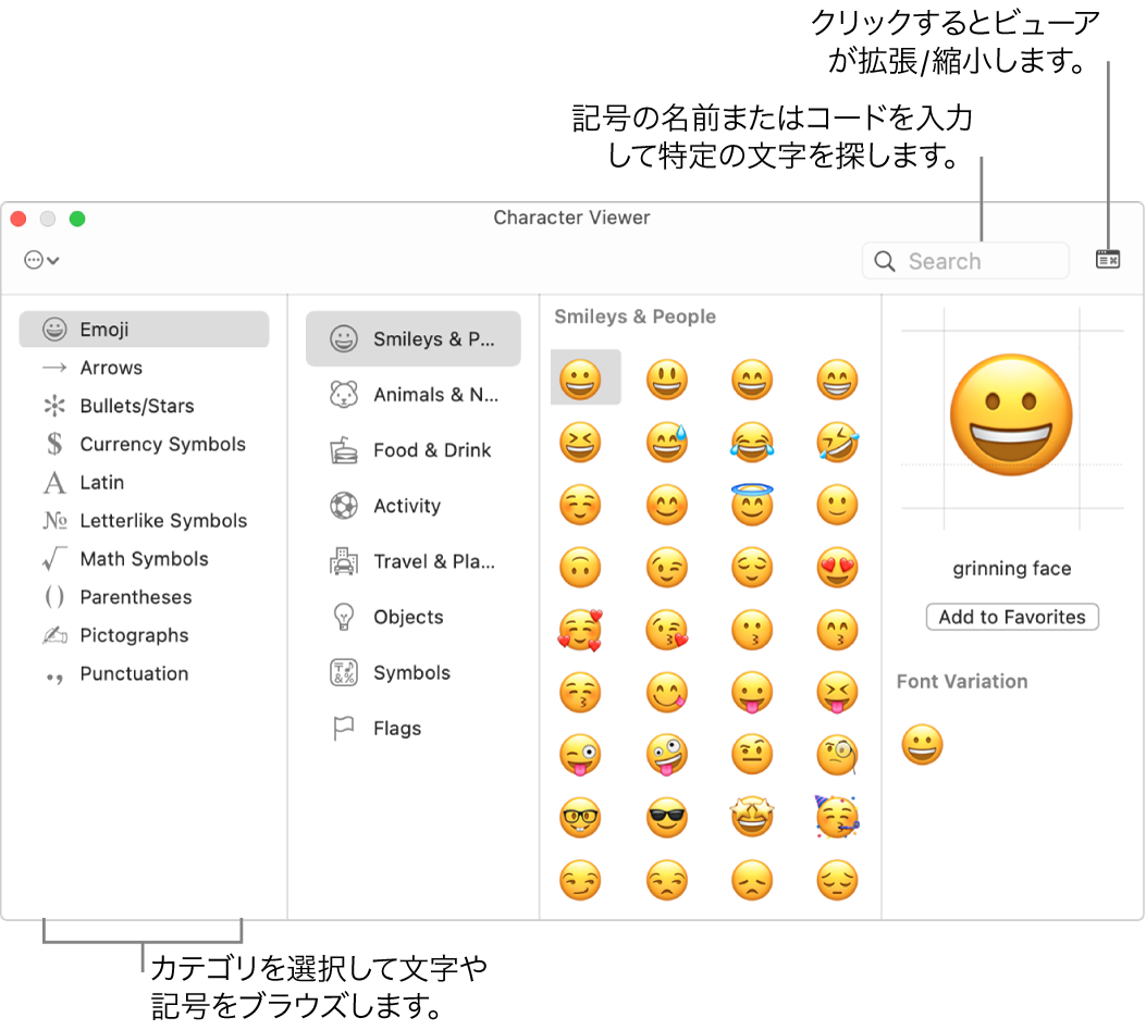 「文字ビューア」ウインドウ。左側でカテゴリを選択すると、文字または記号がブラウズされます。検索フィールドで記号名またはコードを入力すると、特定の文字が見つかります。右上隅でクリックすると、ビューアの表示/非表示が切り替わります。