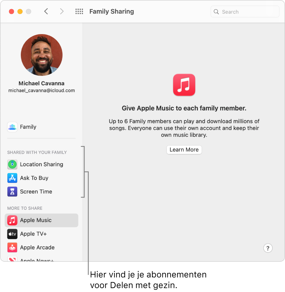 Het voorkeurenpaneel 'Delen met gezin', met een navigatiekolom met daarin verschillende soorten abonnementen die je kunt configureren en gebruiken.