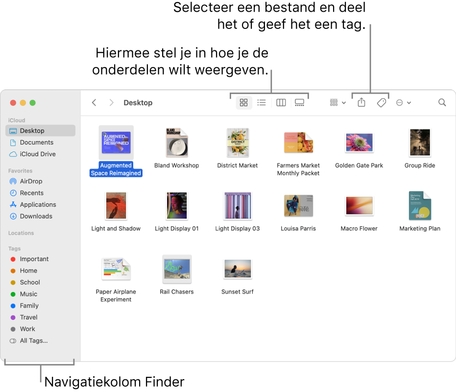 Een Finder-venster met links de Finder-navigatiekolom. Boven in het venster staan vier knoppen waarmee je de weergave van onderdelen in het venster kunt wijzigen. Ook zijn er knoppen voor het ordenen en delen van onderdelen.