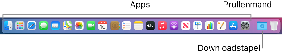 Het Dock met symbolen voor apps, de stapel 'Downloads' en de prullenmand.