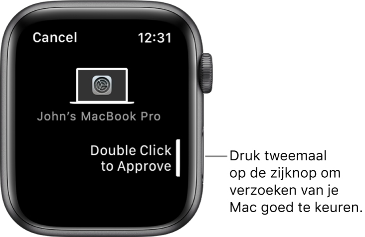 Een Apple Watch waarop een autorisatieverzoek van een MacBook Pro te zien is.