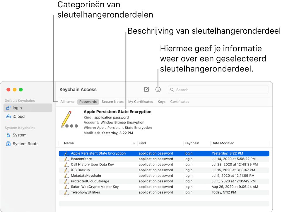 Het venster 'Sleutelhangertoegang' met sleutelhangers in de navigatiekolom. Rechts wordt een beschrijving van een geselecteerd inlogsleutelhangerwachtwoord weergegeven.