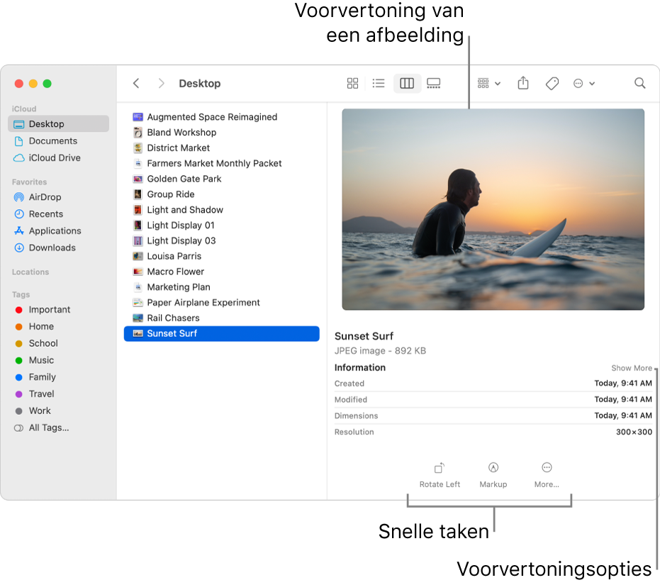 Een Finder-venster met links de Finder-navigatiekolom en in het midden van het venster een geselecteerd afbeeldingsbestand. Rechts zie je in het voorvertoningspaneel hoe de afbeelding eruit ziet, daaronder de informatie over de afbeelding en helemaal onderaan de knoppen voor snelle taken.