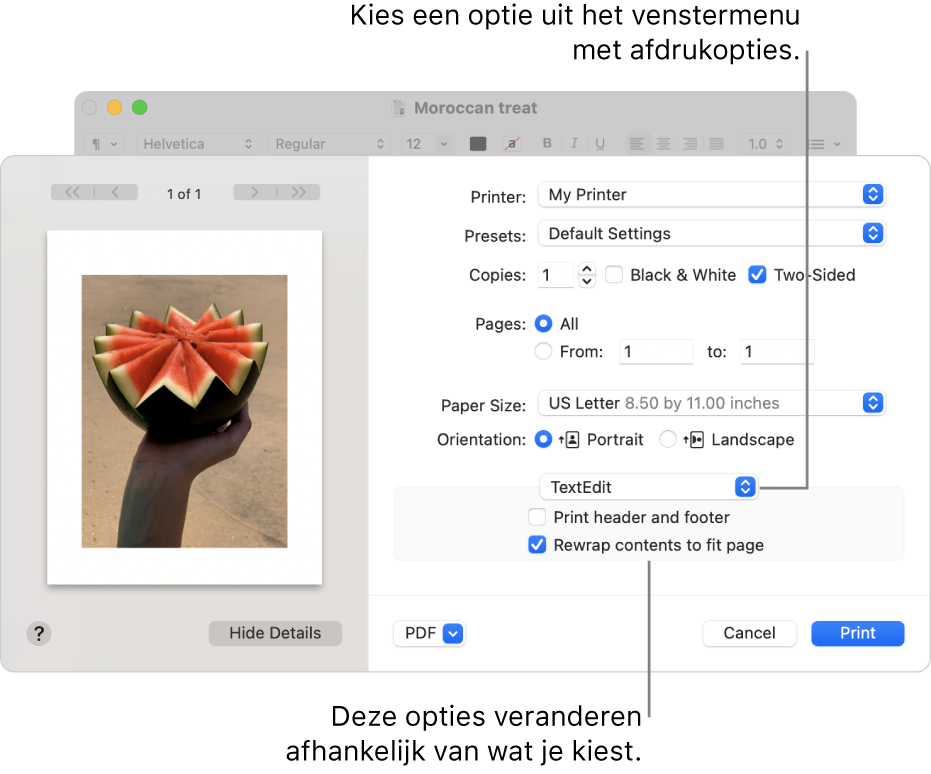 In het afdrukvenster zie je geavanceerde afdrukinstellingen. Het venstermenu met afdrukopties bevindt zich ongeveer in het midden van het dialoogvenster. De afdrukopties onder het venstermenu verschillen per optie.