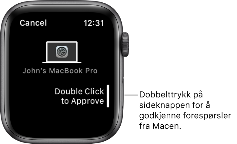 Apple Watch som viser en godkjenningsforespørsel fra en MacBook Pro.