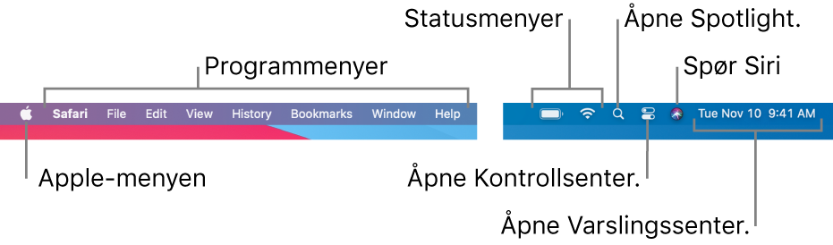 Menylinjen. Til venstre er Apple-menyen og programmenyer. Til høyre er statusmenyer, Spotlight, Kontrollsenter, Siri og Varslingssenter.