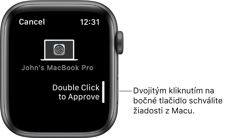 Apple Watch so žiadosťou o schválenie z MacBooku Pro.
