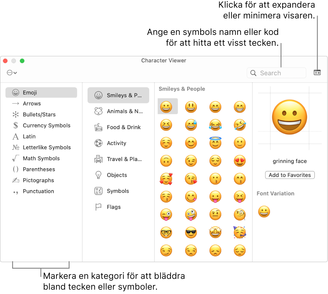 Teckenvisarfönstret. Välj en kategori till vänster för att bläddra bland tecken eller symboler. Ange ett symbolnamn eller en kod i sökfältet för att hitta ett särskilt tecken. Klicka i det övre högra hörnet för att expandera eller fälla ihop fönstret.
