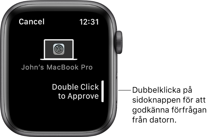 Apple Watch med en förfrågan om godkännande från en MacBook Pro.