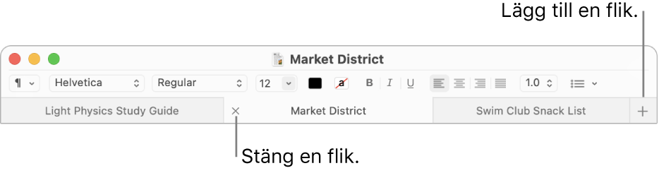 Ett Textredigerare-fönster med tre flikar i flikfältet, placerat under formateringsfältet. En flik visar stängningsknappen. Lägg till-knappen finns längst till höger i flikfältet.