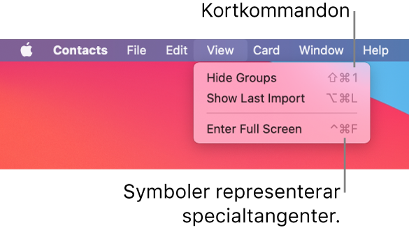 Appen Safari med pilar mot kortkommandon för Arkiv-menyn