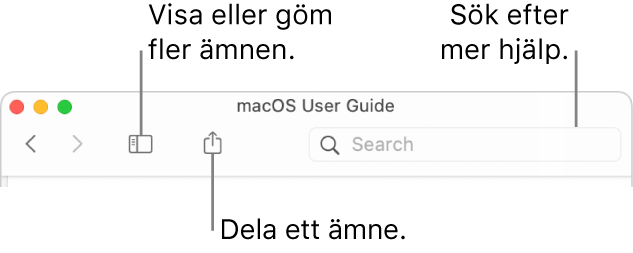 Ett hjälpfönster med knappar i verktygsfältet för att gömma eller visa innehållsförteckningen, för att dela ett ämne och sökfältet som du använder till att söka efter ämnen.