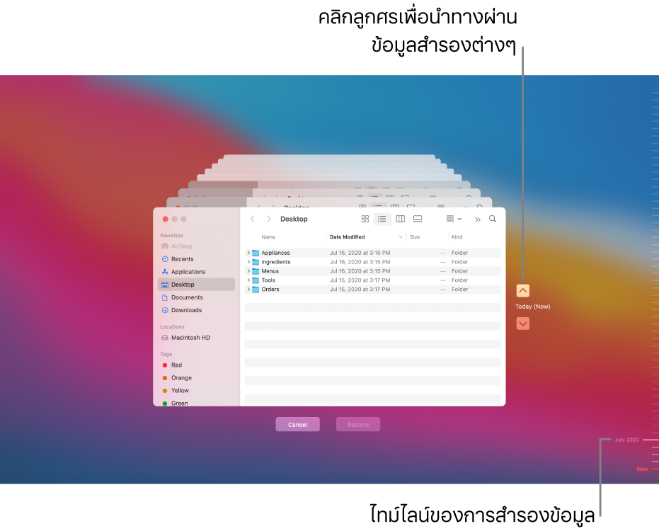 เมื่อคุณเปิด Time Machine คุณจะเห็นหน้าจอมัวๆ ที่มีหน้าจอ Finder หลายหน้าจอซ้อนกันอยู่เพื่อเป็นตัวแทนของข้อมูลสำรองแต่ละตัว คลิกลูกศรเพื่อนำทางไปตามข้อมูลสำรองของคุณ (หรือคลิกที่ไทม์ไลน์ข้อมูลสำรองที่ด้านขวา) แล้วเลือกไฟล์ที่จะกู้คืน
