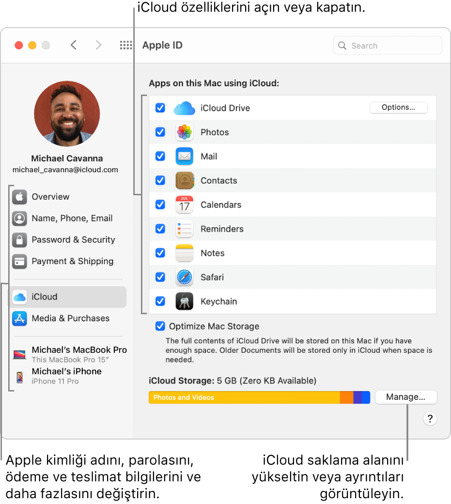 Tüm özelliklerin seçildiği iCloud tercihleri.